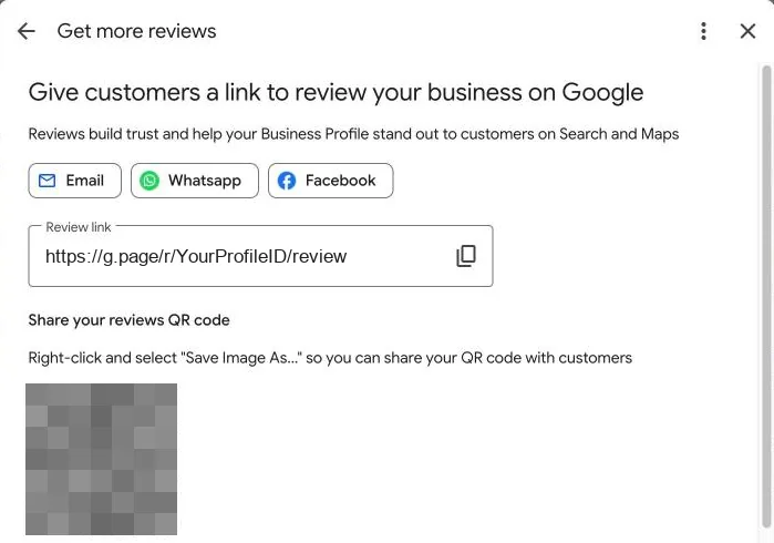 Google's Get more reviews window with a review link and QR code, both masked