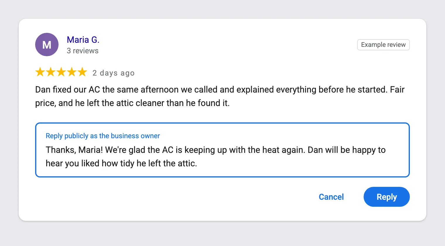 Example reply to a five-star Google review in the business owner reply box