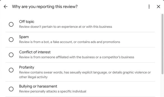 Google's review report form with reasons such as Off topic, Spam and Conflict of interest