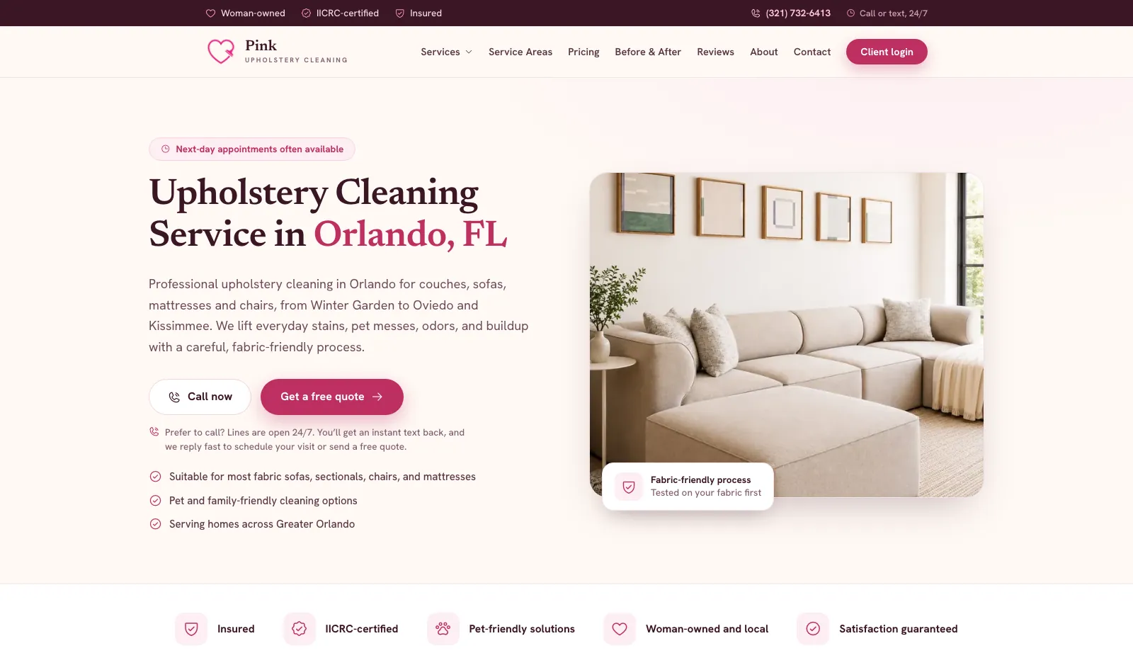 Pink Upholstery Cleaning homepage that Rathly designed and built for Orlando