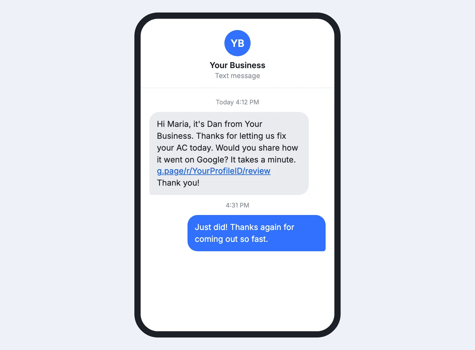 Example review request text with the customer's name, the job and a Google review link