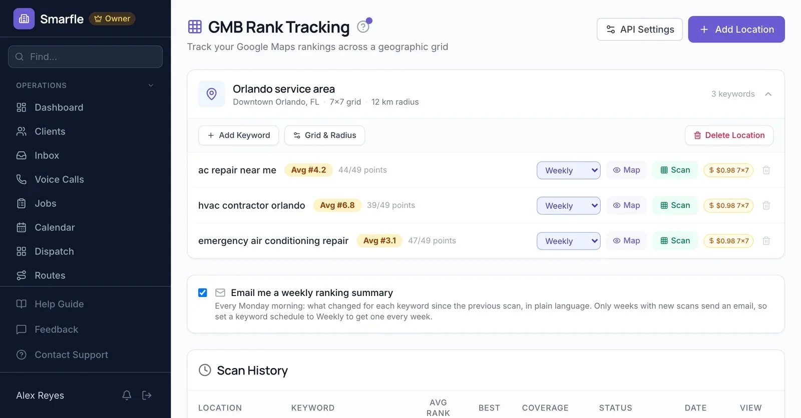 Smarfle Google Maps rank tracking for an Orlando HVAC service area on a 7x7 grid