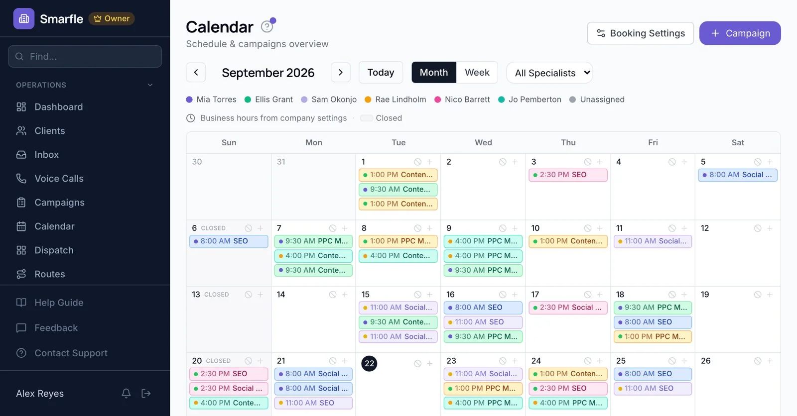 Smarfle calendar with scheduled SEO, PPC, social and content tasks for September 2026